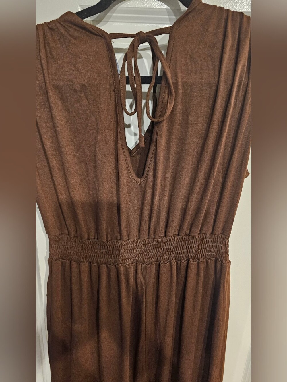 Brown Tie-Back Women’s Jumpsuit with Smocked Waist